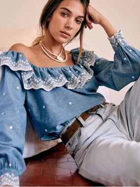 Sezane Francesca Chambray Blouse Blue White Embroidered Off Shoulder Ruffle Top